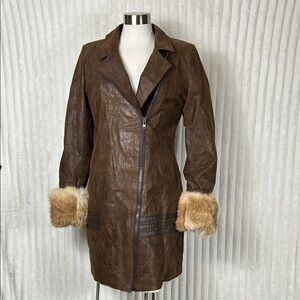 Vintage 80s brown leather Sherpa lined fur cuffed midi coat sz Small